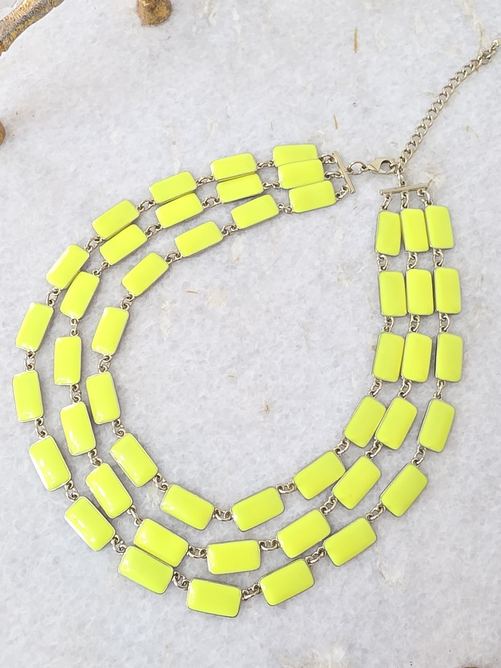Neon Lime Green Enamel Multi Strand Statement Necklace Rose Gold Tone